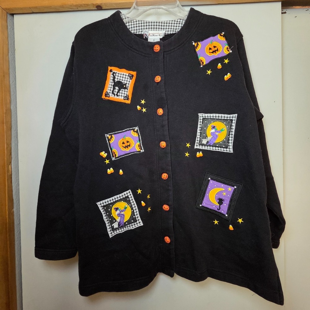 VTG Talbots Women's Halloween Button Sweater Size S Grandma Pumpkin Witch Cat